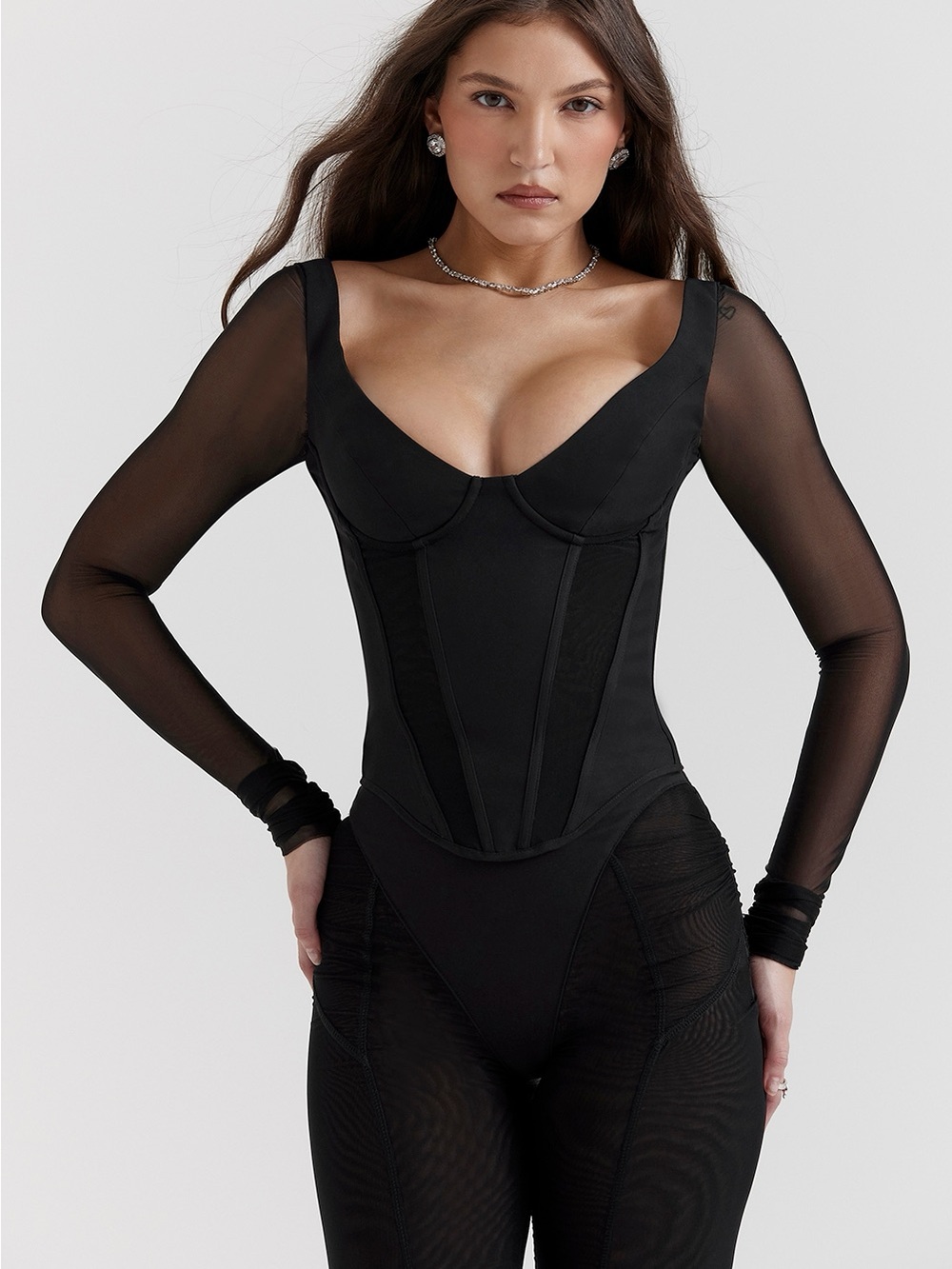 House of CB ARAMINTA|
Black Long Sleeve Corset Sheer-Sleeve Bodysuit